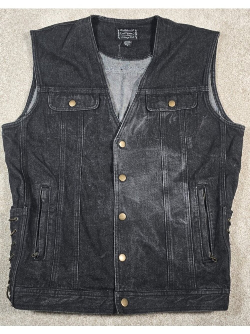 Authentic Biker Black Denim Side Lace Vest Biker Motorcycle Western Men's XL
